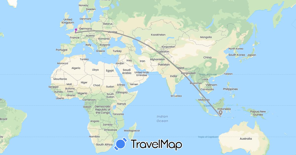 TravelMap itinerary: driving, plane, train in France, Indonesia (Asia, Europe)